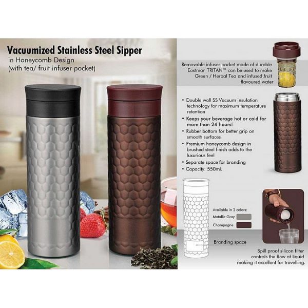 Vacuumized Tea/ Fruit Infuser SS Sipper In Honeycomb Design (550 Ml)