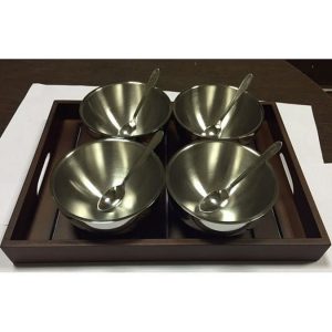 Wooden Tray With 4 Double Walled Bowls & 4 Spoons